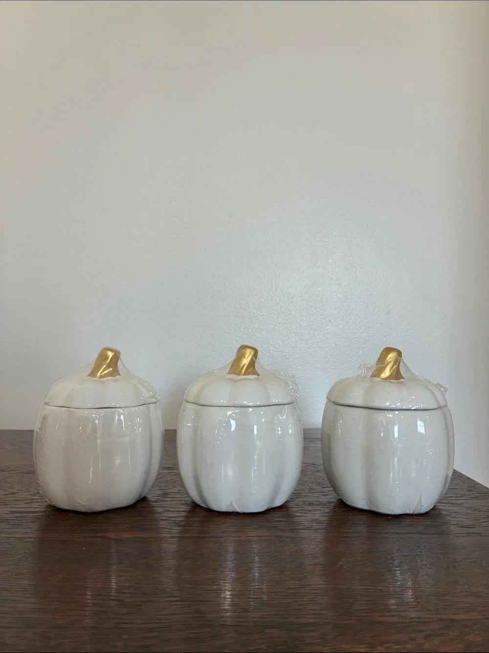 NWT- Set of 3- White Ceramic Pumpkin Jars with Lid & Gold Stems